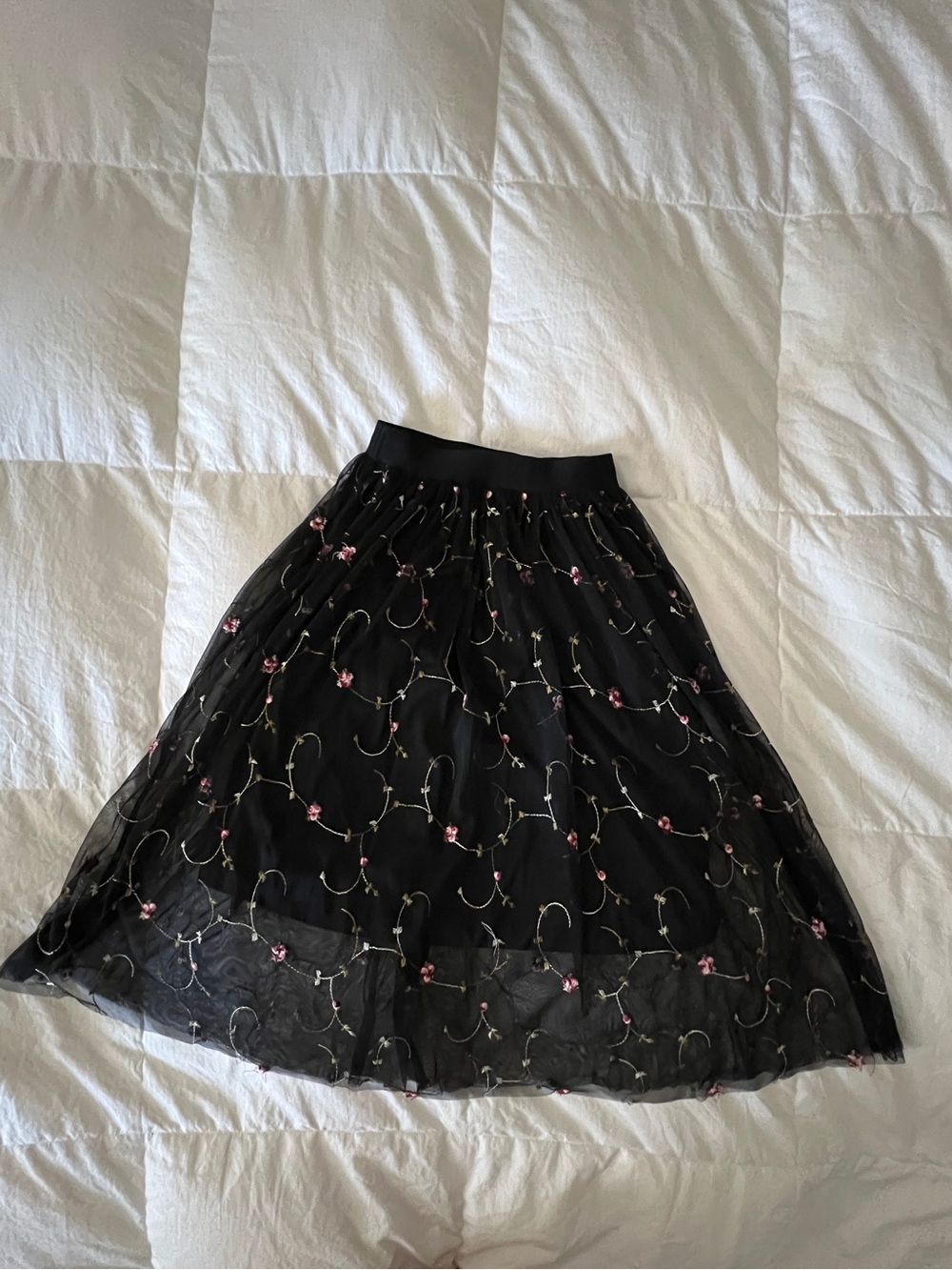 Fairy Princess Miami Black A-Line Midi Skirt with Pink Floral Embroidery